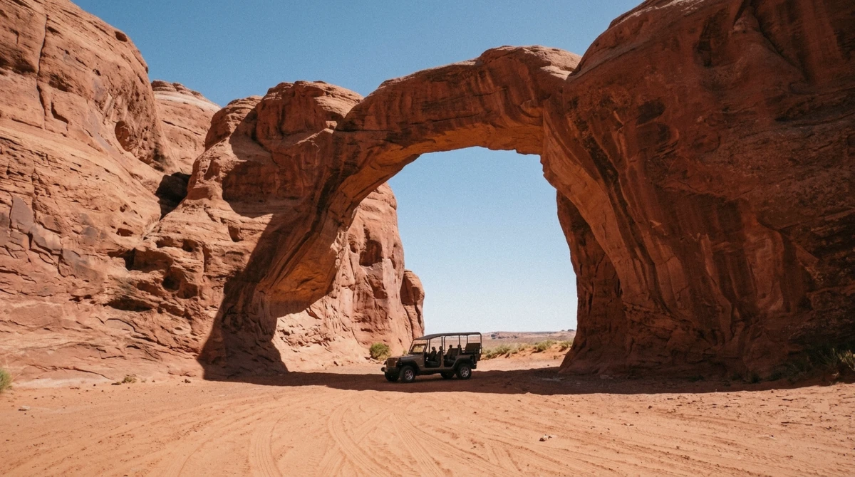 A sandstone arch in the Monument Valley backcountry, reachable only with a licensed Navajo guide beyond the self drive loop